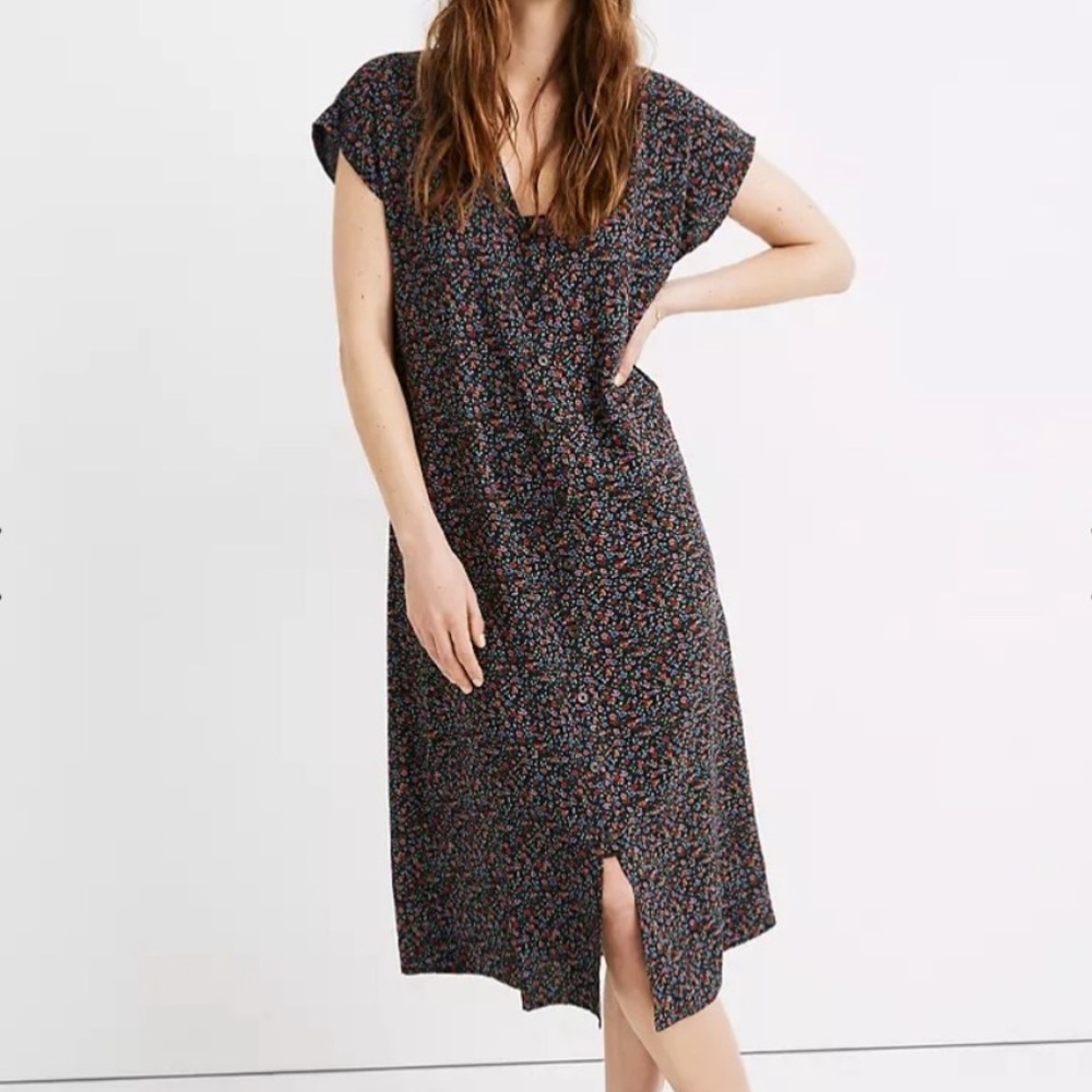 Madewell Floral Black Button Up Midi Dress